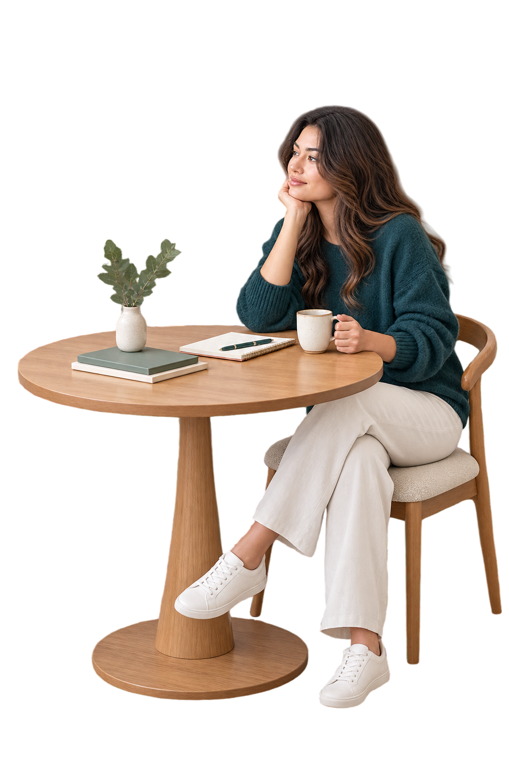 A person reflecting at a table with a notebook, cup, and plant.