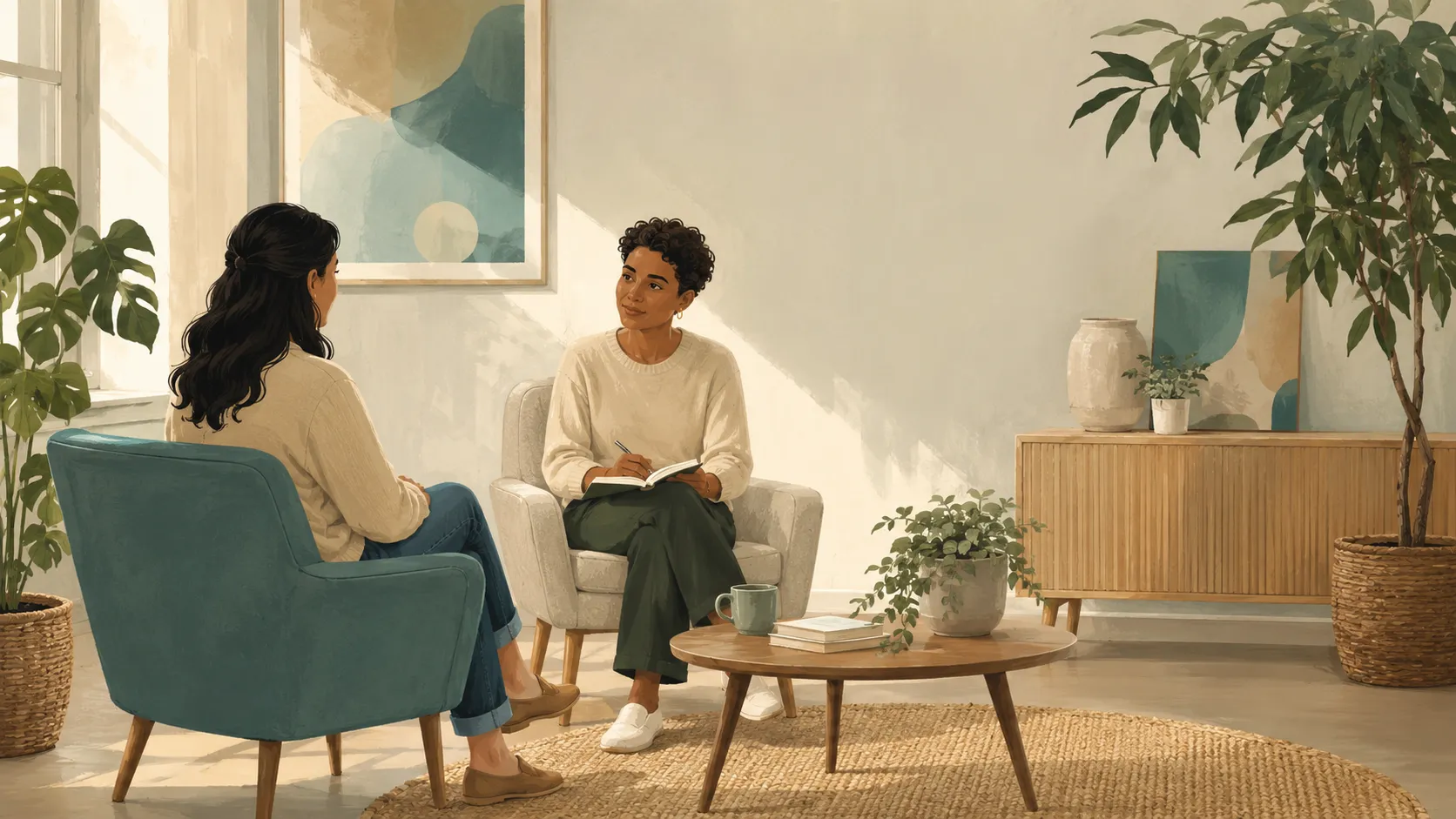 Two adults having a calm conversation in a welcoming consultation room.