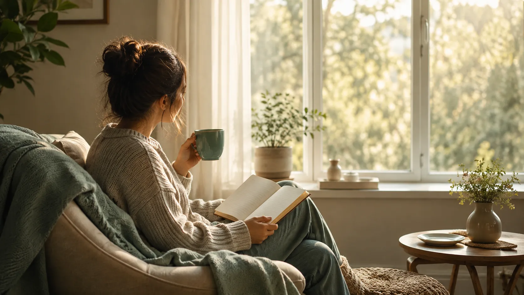 A person sitting by a sunlit window with a notebook, reflecting quietly.